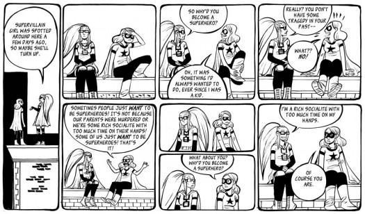 Superhero Girl shares her origin with The Spectacle. Art by Faith Erin Hicks.