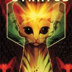 Cover of Strayed Issue 1; a cat staring straight at the viewer with a starry galaxy behind him