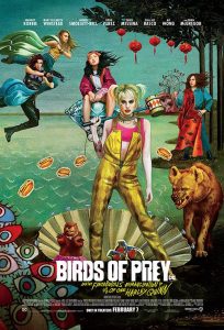 Harley Quinn standing in a clamshell, while the Birds of Prey stand behind her